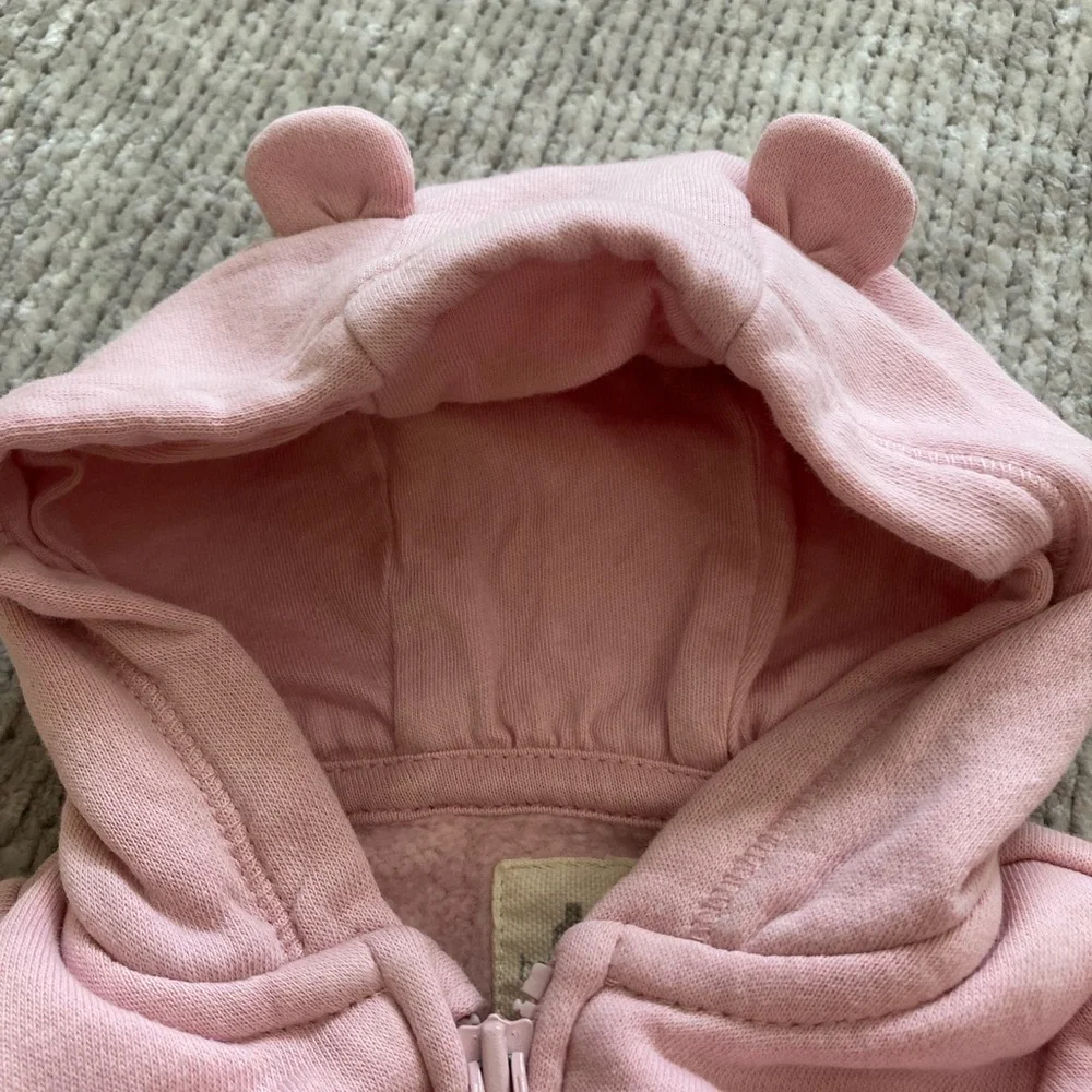 GAP Baby Pink Logo Footed Hoodie Jumpsuit Newborn Bear Ears Zip Up‎